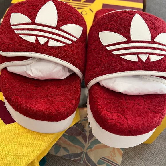 NEW Gucci x Adidas GG monogram red logo slide sandals - Picture 7 of 12